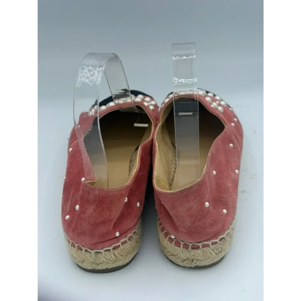 New CHANEL Rose/Black Suede Pearl Logo Espadrilles Size 38/ US 8